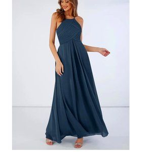 NWT AZAZIE Ginger A-Line Halter Pleated Chiffon Long Gown Dress Neptune Blue